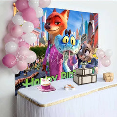 Lofaris Animal City Birthday Backdrop Cartoon Fox and Rabbit Party Decoration Urban Zoo Kids Happy Birthday Banner Photography Prop