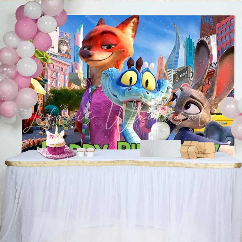Lofaris Animal City Birthday Backdrop Cartoon Fox and Rabbit Party Decoration Urban Zoo Kids Happy Birthday Banner Photography Prop