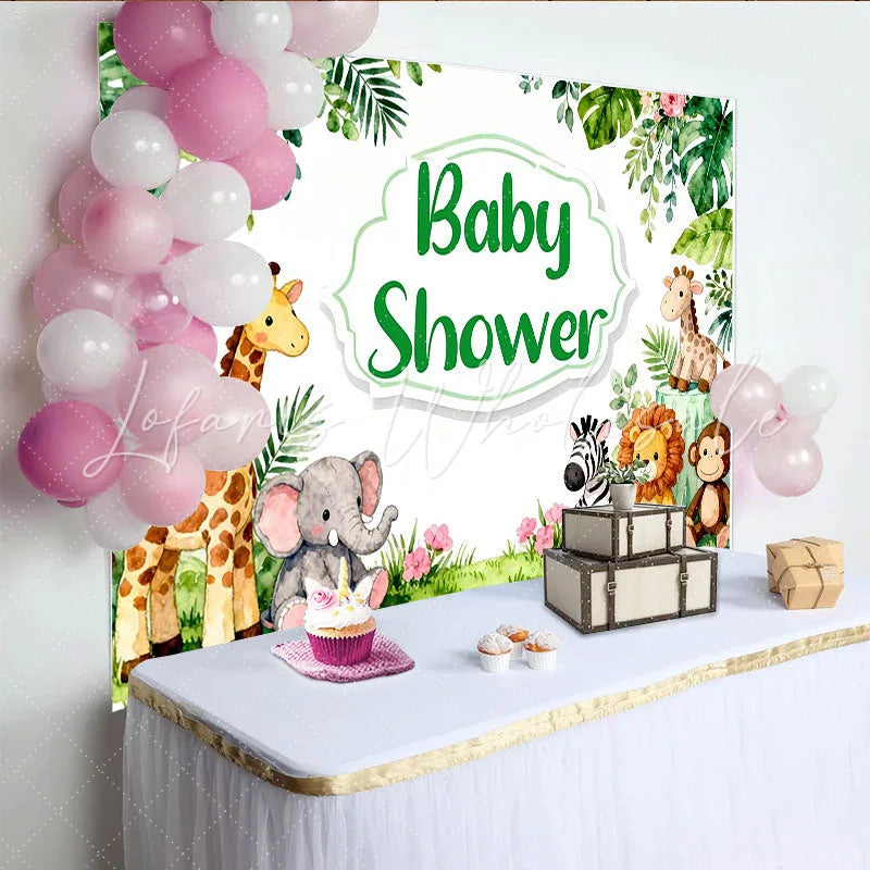 Lofaris Aquarell-Dschungel-Safari-Babyparty-Hintergrund mit Tieren für Jungen und Mädchen grüne Blätter-Deko