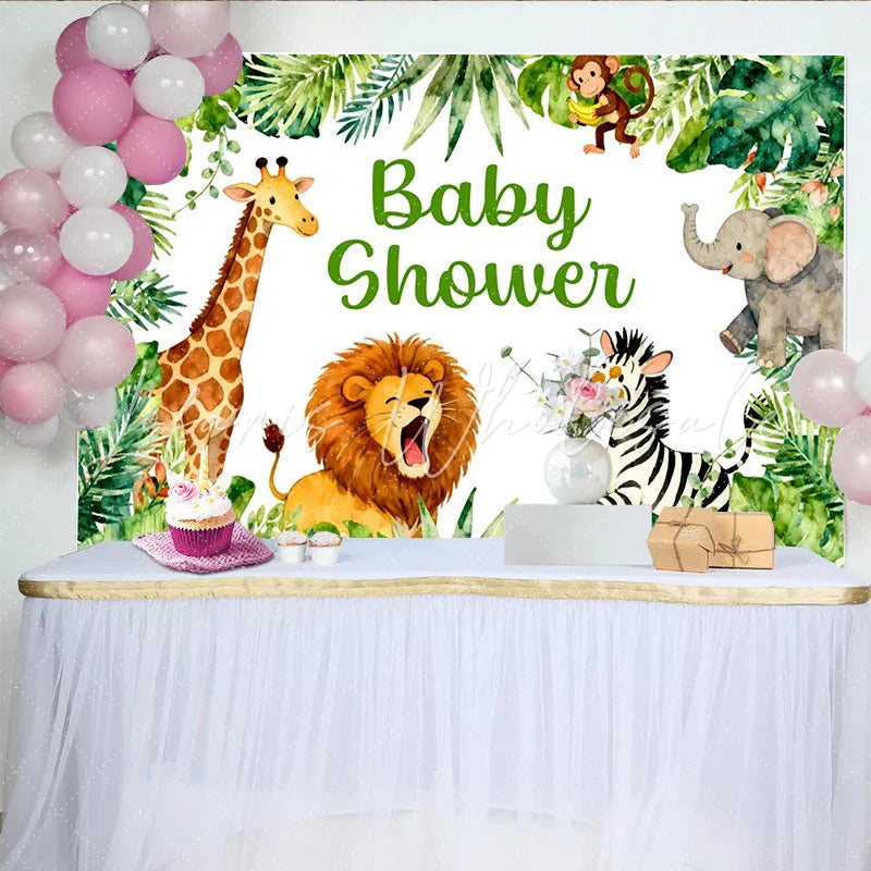 Lofaris Aquarell-Dschungeltiere-Babyparty-Hintergrund grüne tropische Blätter für Jungen und Mädchen für Neugeborene