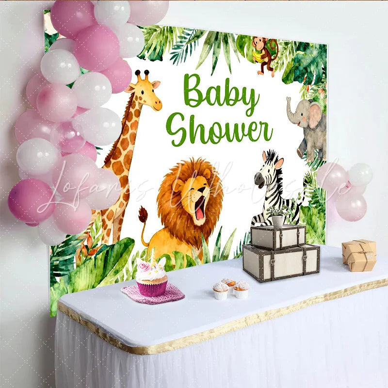 Lofaris Aquarell-Dschungeltiere-Babyparty-Hintergrund grüne tropische Blätter für Jungen und Mädchen für Neugeborene