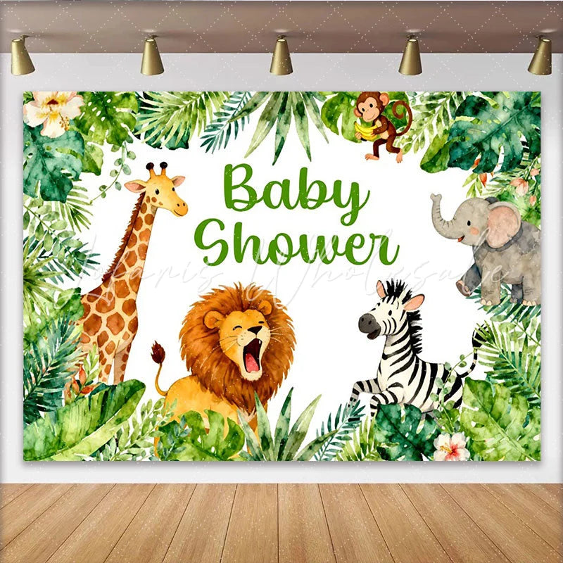 Lofaris Aquarell-Dschungeltiere-Babyparty-Hintergrund grüne tropische Blätter für Jungen und Mädchen für Neugeborene