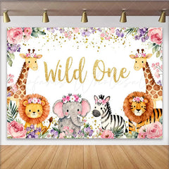Lofaris Aquarell Safari-Tiere Blumenkränze und Glitzer Party-Hintergrund für den ersten Geburtstag und Babypartys