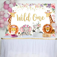 Lofaris Aquarell Safari-Tiere Blumenkränze und Glitzer Party-Hintergrund für den ersten Geburtstag und Babypartys