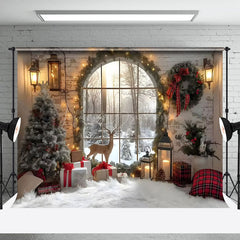 Lofaris Arched Window Deer Wreath Christmas Backdrop