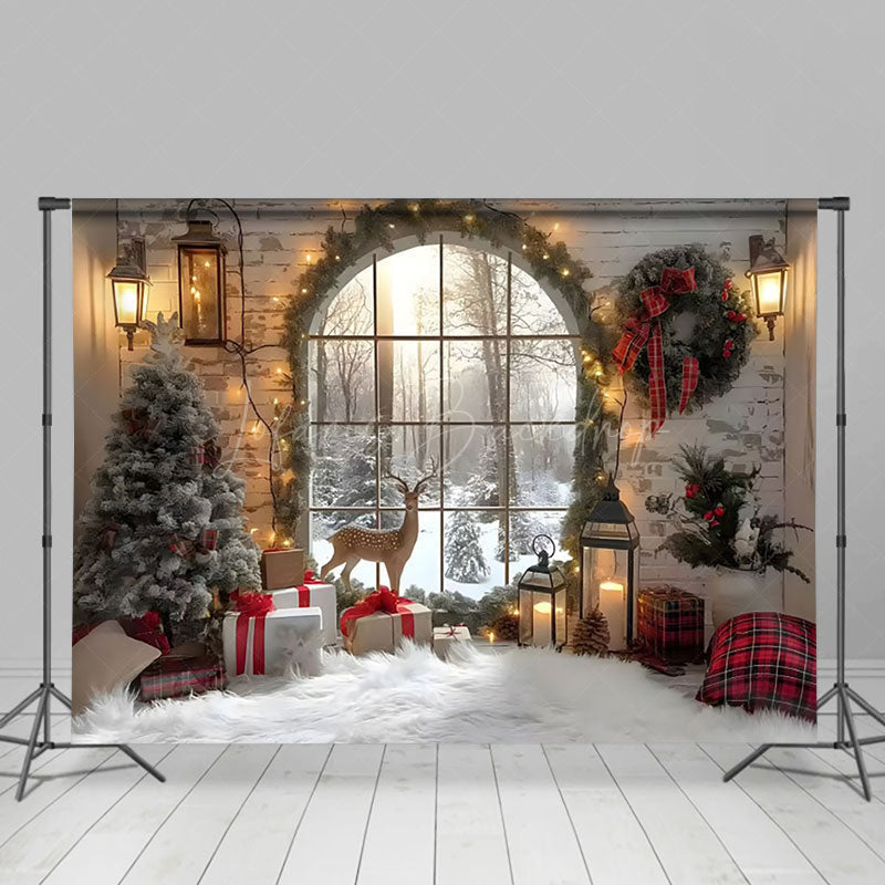 Lofaris Arched Window Deer Wreath Christmas Backdrop