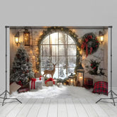 Lofaris Arched Window Deer Wreath Christmas Backdrop