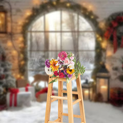 Lofaris Arched Window Deer Wreath Christmas Backdrop
