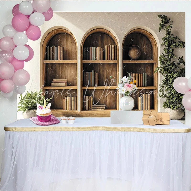 Lofaris Arched Wooden Bookshelf Photography Backdrop with Green Plants and Books Cozy Library Background for Studio Portrait