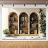 Lofaris Arched Wooden Bookshelf Photography Backdrop with Green Plants and Books Cozy Library Background for Studio Portrait