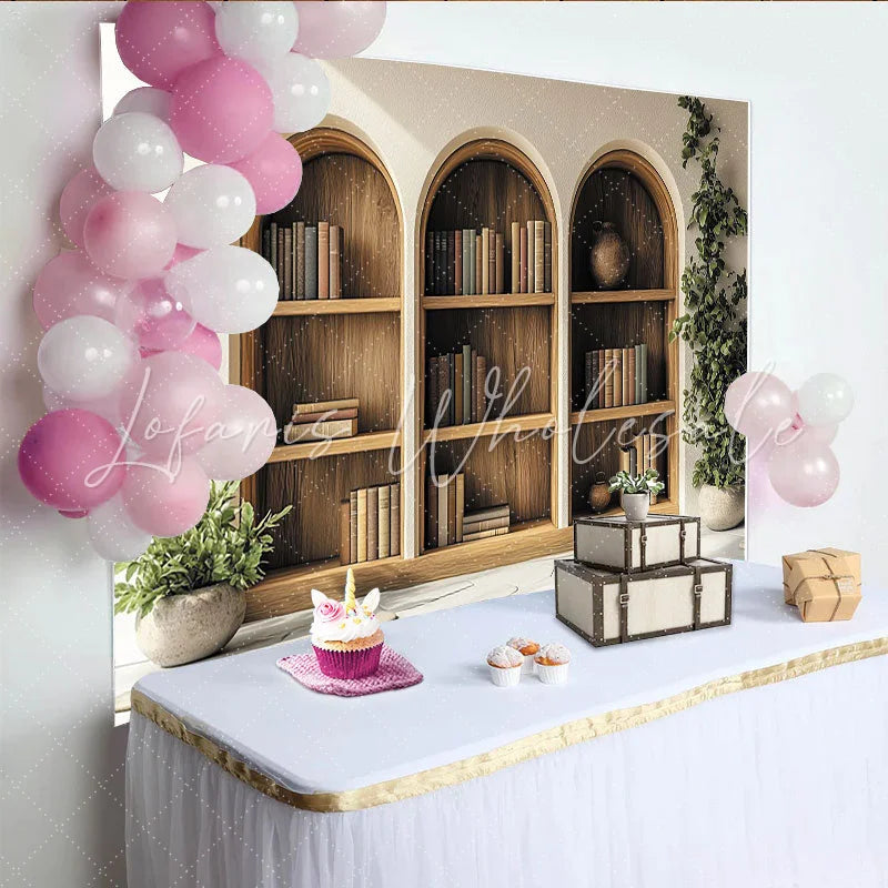 Lofaris Arched Wooden Bookshelf Photography Backdrop with Green Plants and Books Cozy Library Background for Studio Portrait