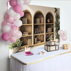 Lofaris Arched Wooden Bookshelf Photography Backdrop with Green Plants and Books Cozy Library Background for Studio Portrait