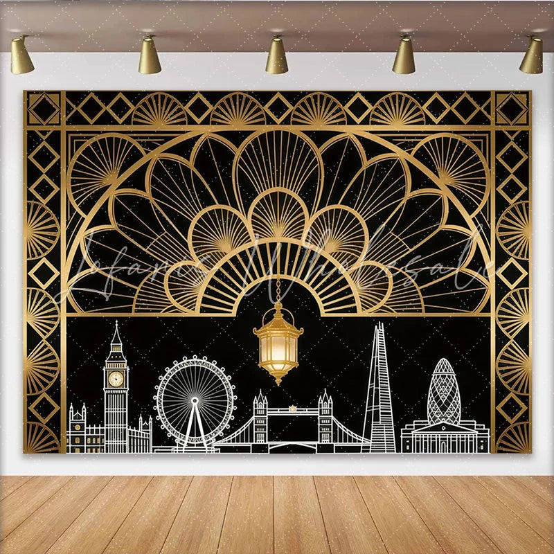 Lofaris Art Deco London Skyline Photography Backdrop with Golden Lantern Elegant Black and Gold Background for Party or Studio Photoshoot