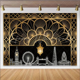 Lofaris Art Deco London Skyline Photography Backdrop with Golden Lantern Elegant Black and Gold Background for Party or Studio Photoshoot
