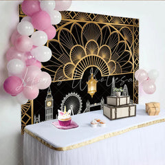 Lofaris Art Deco London Skyline Photography Backdrop with Golden Lantern Elegant Black and Gold Background for Party or Studio Photoshoot