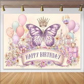 Lofaris Artistic Pink Purple Butterfly Birthday Backdrop Crown Balloon Sketch Background Girl Party Photo Banner