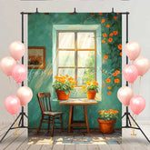Lofaris Artistic Teal Wall Window Backdrop Orange Flowers and Wooden Chair for Vintage Studio