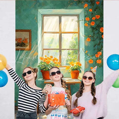 Lofaris Artistic Teal Wall Window Backdrop Orange Flowers and Wooden Chair for Vintage Studio