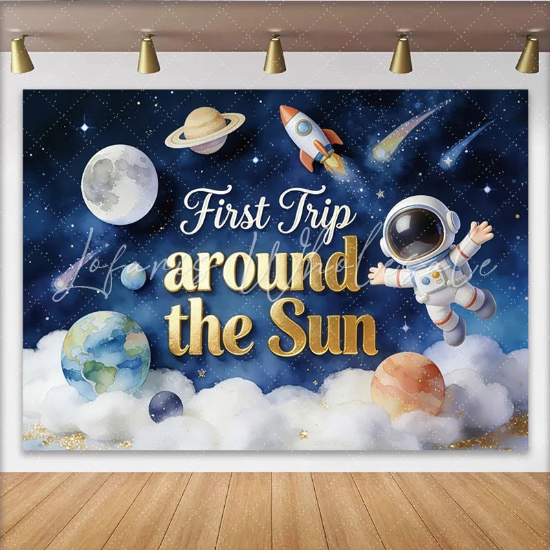 Lofaris Astronaut Space First Birthday Backdrop with Planets and Rocket Starry Sky Party Background for Baby’s First Trip Celebration