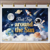 Lofaris Astronaut Space First Birthday Backdrop with Planets and Rocket Starry Sky Party Background for Baby’s First Trip Celebration