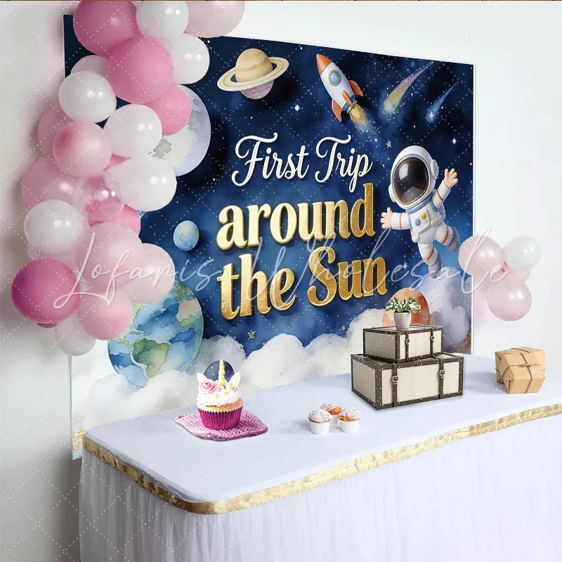 Lofaris Astronaut Space First Birthday Backdrop with Planets and Rocket Starry Sky Party Background for Baby’s First Trip Celebration