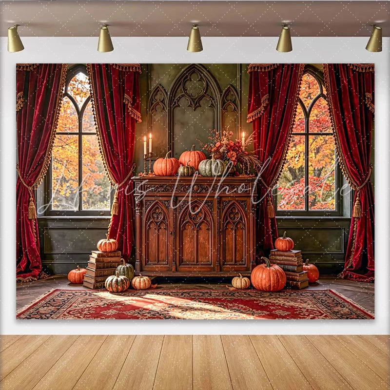Lofaris Autumn Backdrop with Pumpkins Red Curtains and Gothic Windows Rustic Wooden Cabinet Photo Background for Fall Event Decoration