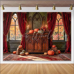 Lofaris Autumn Backdrop with Pumpkins Red Curtains and Gothic Windows Rustic Wooden Cabinet Photo Background for Fall Event Decoration