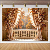Lofaris Autumn Balcony Photography Backdrop with Elegant Floral Decor Scenic Forest View Background for Professional Portrait Photoshoot