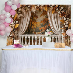 Lofaris Autumn Balcony Photography Backdrop with Fall Forest View White Balustrade and Floral Decor Studio Background for Portraits