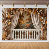 Lofaris Autumn Balcony Photography Backdrop with Fall Forest View White Balustrade and Floral Decor Studio Background for Portraits