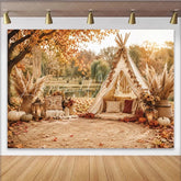 Lofaris Autumn Boho Photography Backdrop with Teepee Tent and Pampas Grass Rustic Fall Photo Background for Studio Portrait and Seasonal