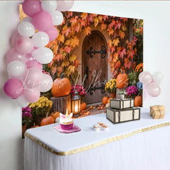 Lofaris Autumn Doorway Holiday Backdrop with Fall Leaves and Pumpkins Cozy Harvest Photo Background for Seasonal Decor
