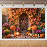 Lofaris Autumn Doorway Holiday Backdrop with Fall Leaves and Pumpkins Cozy Harvest Photo Background for Seasonal Decor