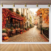 Lofaris Autumn European Cafe Backdrop with Fall Foliage and Pumpkins Charming Cobblestone Street Background for Studio Photography