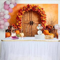 Lofaris Autumn Fall Holiday Backdrop with Rustic Door Pumpkins and Maple Leaves Warm Harvest Festival Photography Background