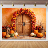 Lofaris Autumn Fall Holiday Backdrop with Rustic Door Pumpkins and Maple Leaves Warm Harvest Festival Photography Background