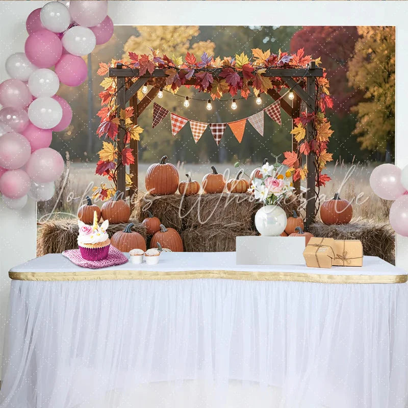 Lofaris Autumn Fall Pumpkin Backdrop with Wooden Arch and Colorful Leaves Plaid Bunting Banner Harvest Photography Background for Party