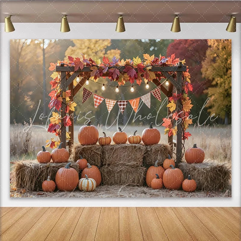 Lofaris Autumn Fall Pumpkin Backdrop with Wooden Arch and Colorful Leaves Plaid Bunting Banner Harvest Photography Background for Party