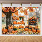 Lofaris Autumn Fall Pumpkin Shop Backdrop with Orange Leaves Harvest Decor Outdoor Scene Background for Seasonal Photoshoot.