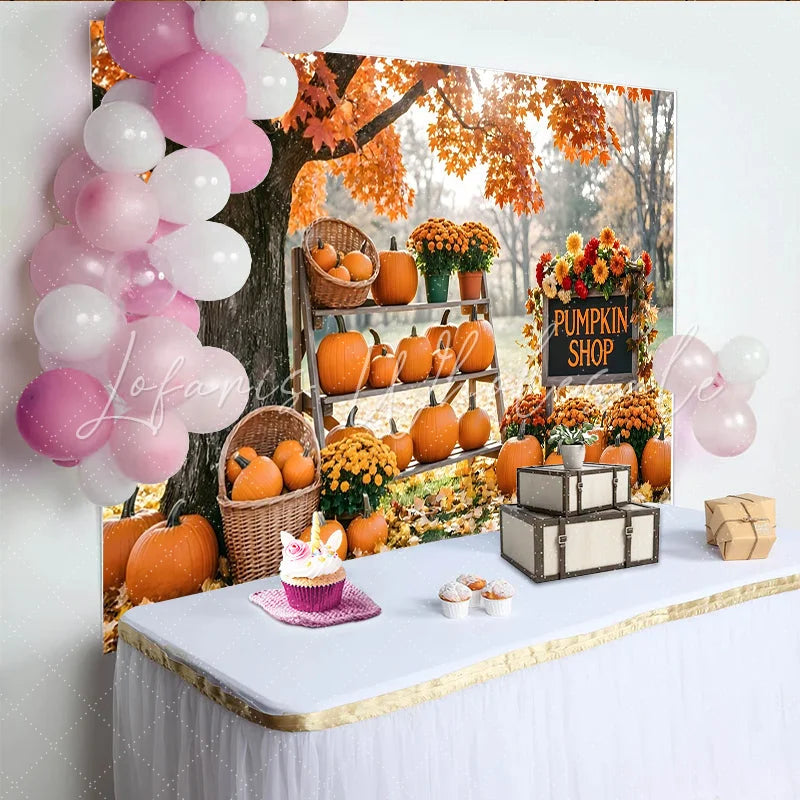 Lofaris Autumn Fall Pumpkin Shop Backdrop with Orange Leaves Harvest Decor Outdoor Scene Background for Seasonal Photoshoot.