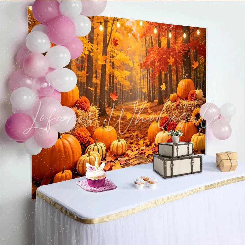 Lofaris Autumn Forest Holiday Backdrop with Pumpkins and Hay Bales Vibrant Fall Harvest Photography Background for Thanksgiving Decor