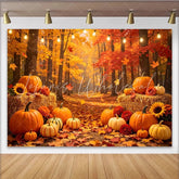 Lofaris Autumn Forest Holiday Backdrop with Pumpkins and Hay Bales Vibrant Fall Harvest Photography Background for Thanksgiving Decor