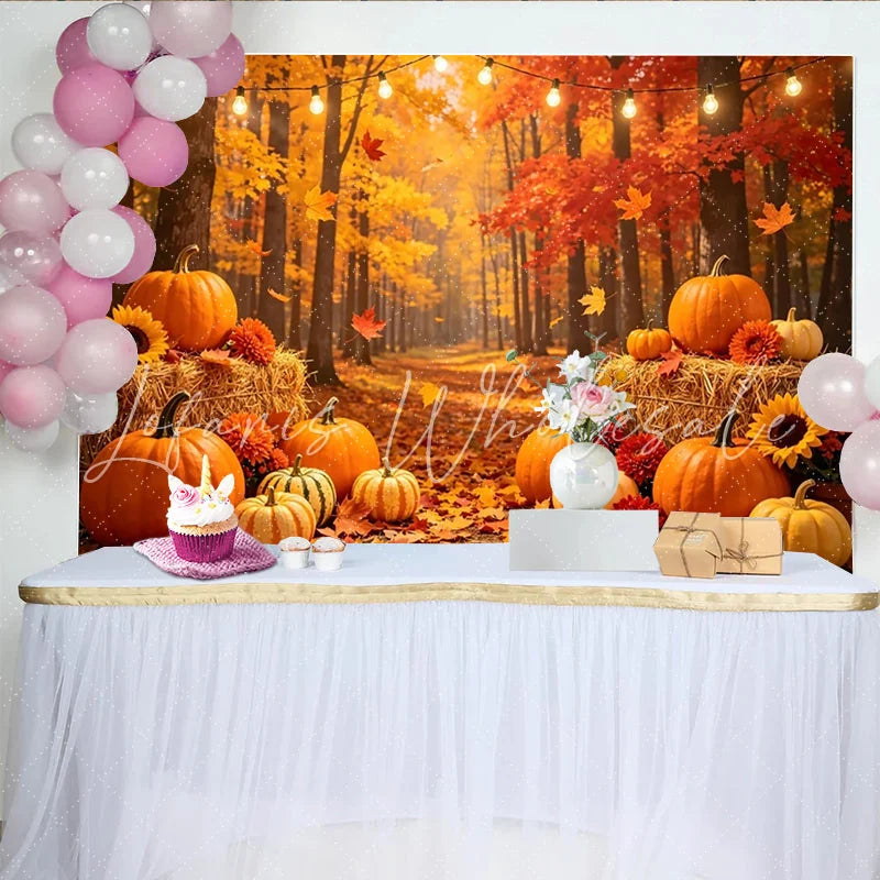 Lofaris Autumn Forest Holiday Backdrop with Pumpkins and Hay Bales Vibrant Fall Harvest Photography Background for Thanksgiving Decor