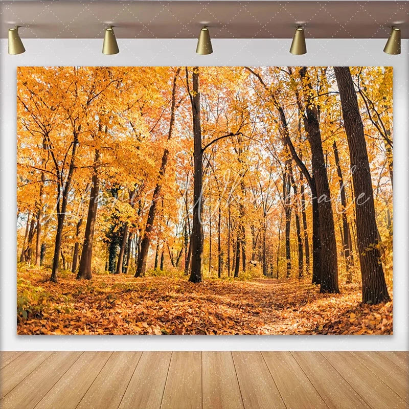 Lofaris Autumn Forest Photography Backdrop with Golden Leaves Scenic Nature Background for Professional Portrait Photoshoot