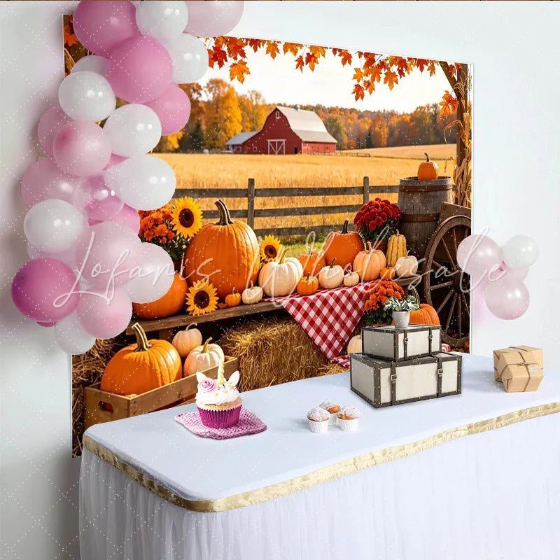 Lofaris Autumn Harvest Farm Photography Backdrop with Pumpkins Hay Bales and Red Barn Fall Season Background for Thanksgiving Party Decor