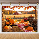 Lofaris Autumn Harvest Farm Photography Backdrop with Pumpkins Hay Bales and Red Barn Fall Season Background for Thanksgiving Party Decor