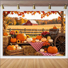 Lofaris Autumn Harvest Farm Photography Backdrop with Pumpkins Hay Bales and Red Barn Fall Season Background for Thanksgiving Party Decor