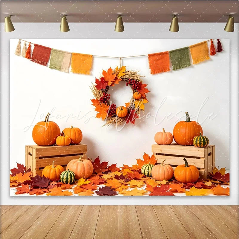 Lofaris Autumn Harvest Holiday Backdrop with Pumpkins and Maple Leaves Rustic Fall Photography Background for Thanksgiving Decor