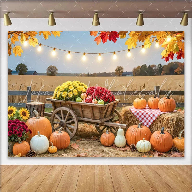 Lofaris Autumn Harvest Photography Backdrop with Pumpkins and Hay Bales Rustic Farmhouse Background for Thanksgiving Party Decor