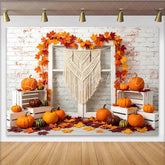 Lofaris Autumn Harvest Photography Backdrop with Pumpkins and Maple Leaves Rustic White Brick Wall Background for Fall Party Decor